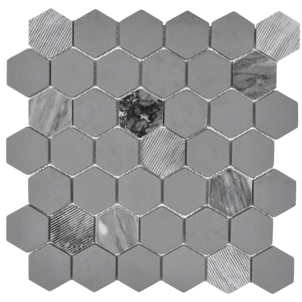Roca Rockart Gray Granite 12 in. x 12 in. Hexagon Matte Natural Stone and Glass Mosaic Tile (10.7639 sq. ft./Case)