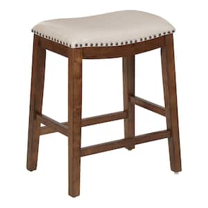 Metro 23.75 in. Cream Bonded Leather Saddle Stool with Nail Head Accents and Espresso Legs