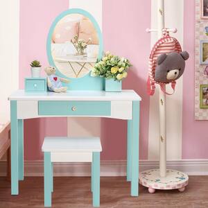 Wooden Kids Vanity Sets Makeup Table with Stool and Real Mirror