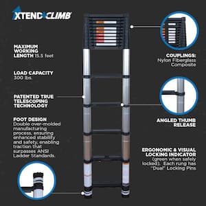 15.5 ft. Telescoping Aluminum Extension Ladder (19.5 Reach Height), 300 lbs. Load Capacity ANSI Type IA Duty Rating