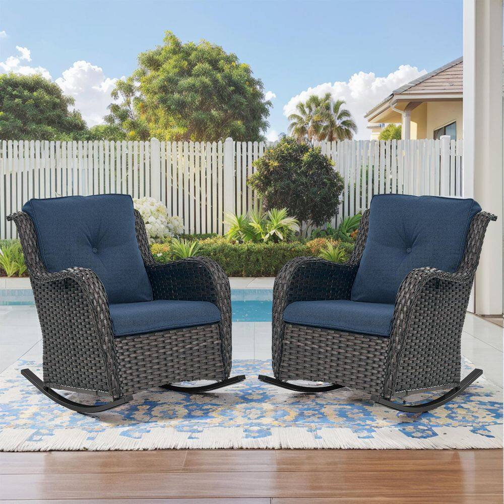 WellCane Brown Wicker 2-Piece Outdoor Rocking Chair Patio Lounge Chair Set of 2 with 3. 9in Thick Blue Olefin Cushions price history on PriceWatchPro