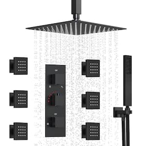 5-Spray Patterns Shower Faucet Set 12 in. Ceiling Mount Dual Shower Heads 2.5 GPM with 6-Jets in Matte Black