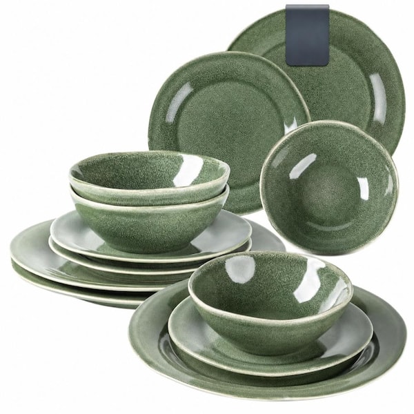 12-Piece Handmade Reactive Glaze Ceramic Dinnerware Set with Plates and Bowls, Service for 4