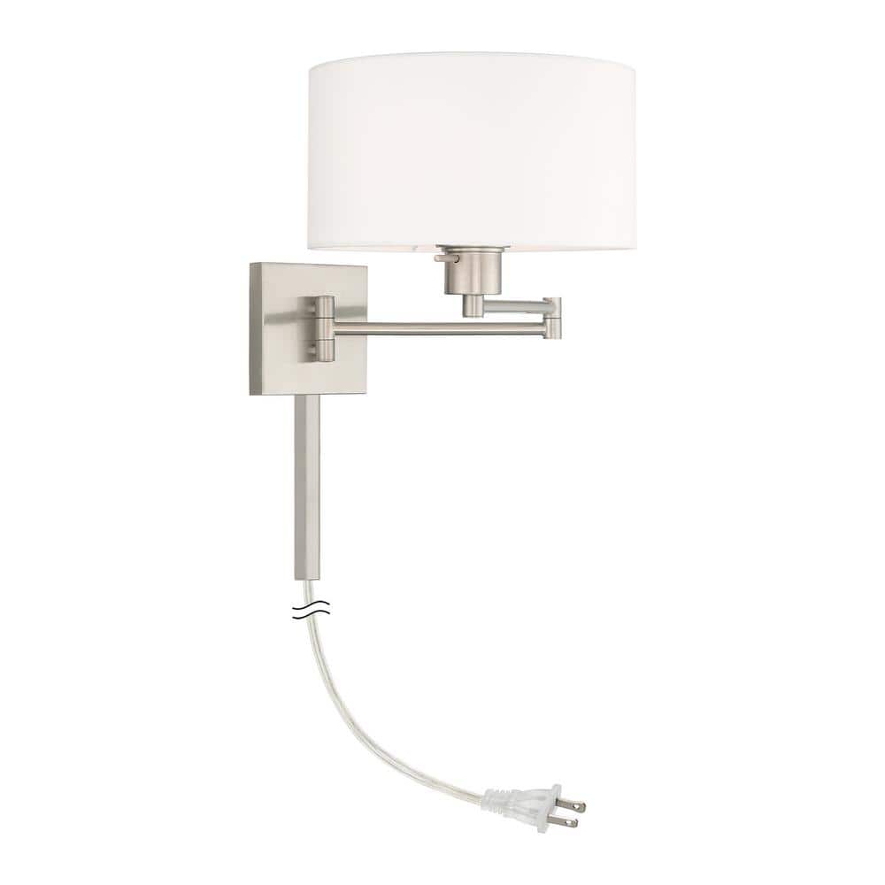Brushed Nickel Swing Arm Wall Lamp with Off-White Fabric Shade