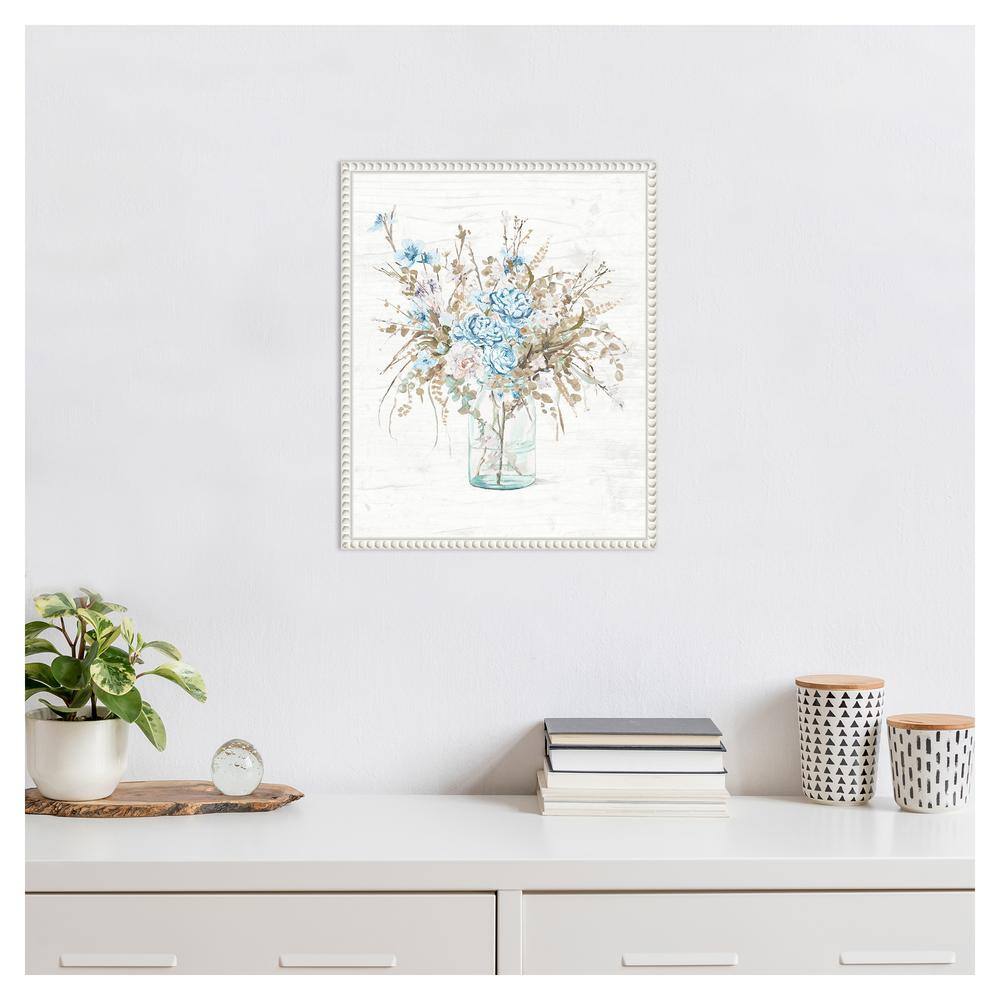 Blue Flowers in Glass Vase with White Beaded Frame Canvas Wall Art