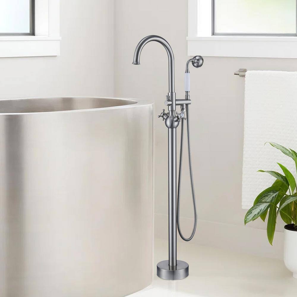 Brushed Nickel Freestanding Tub Filler with Handheld Shower