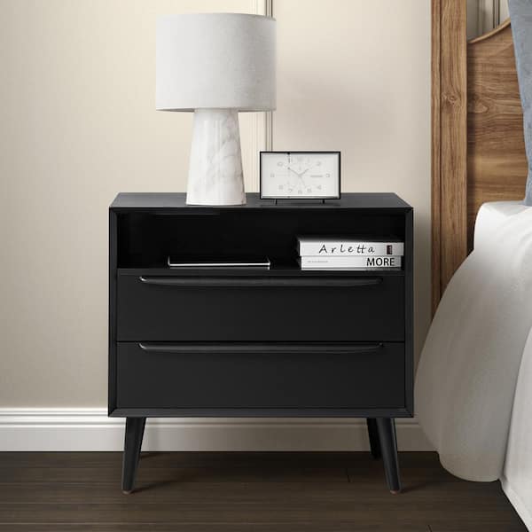 JAYDEN CREATION Leslie Mid-Century Modern Black 2-Drawer Nightstand with Built-In Outlets