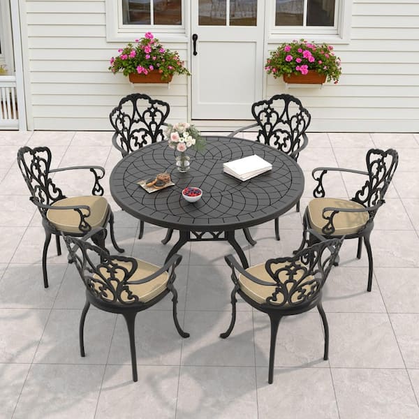 Lily Black 7-Piece Cast Aluminum Outdoor Dining Set with Round Table and Dining Chairs with Off-white Cushion