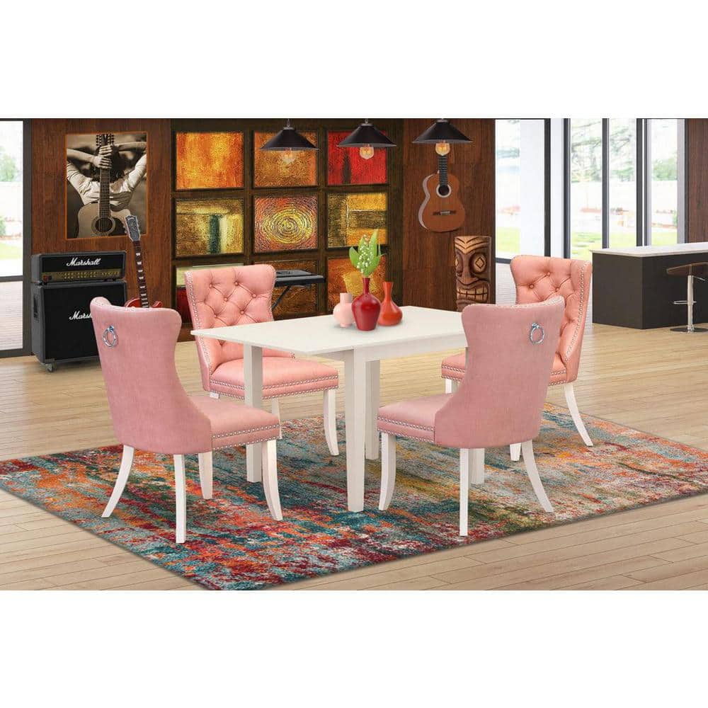 5-Piece Linen White Finish Solid Wood Top - Rectangular Upholstered Dining Room Set with Dropleaf (Seats-4)