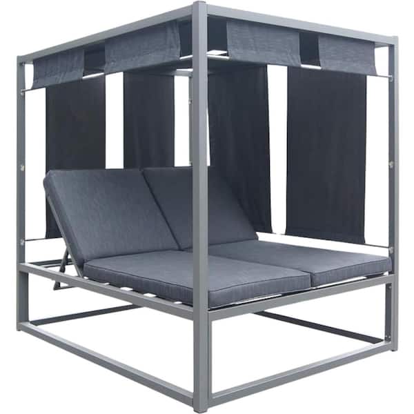 Misopily Dark Grey Metal Outdoor Chaise Lounge with Gray Cushions And 2-Adjustable Chaise