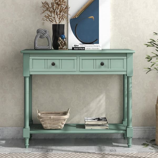 35.34 in. Retro Blue Rectangle Wood Console Table with 2-Drawers and Bottom Shelf for Entryways