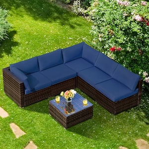 6-Piece Patio Navy Wicker Outdoor Sectional Set with Black Cushions