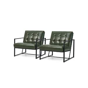 Set of 2 Mid-Century Modern Hunter Green Leatherette Button-tufted Accent Arm Chair with Black Metal Frame