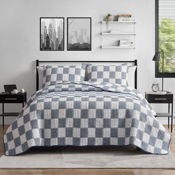 Porto Blocks Denim Blue 3-Piece All-Season Soft Woven Matelasse Jacquard Reversible Cotton Blend Quilt Set-King