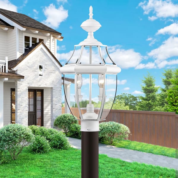 Aston 21 in. 2-Light White Cast Brass Hardwired Outdoor Rust Resistant Post Light with No Bulbs Included