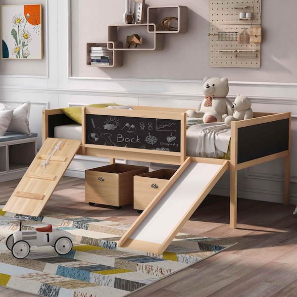 Natural Twin Size Wood Loft Bed with 2 Storage Boxes
