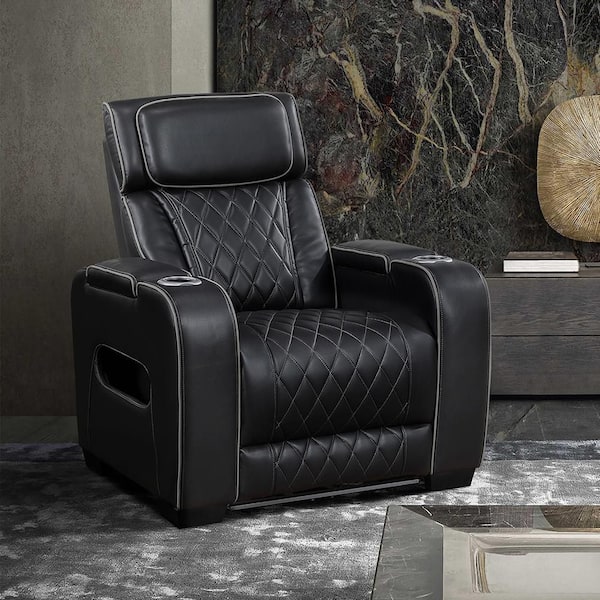 Clumber Black Faux Leather Power Recliner with Power Headrest, Cup Holders and Storage Arms