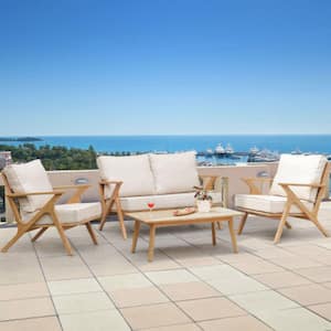 2 Pieces Acacia Wood Sofa Sectional Set with Soft Seat, Beige Cushions for Garden, Backyard, Poolside, Bistro and Deck