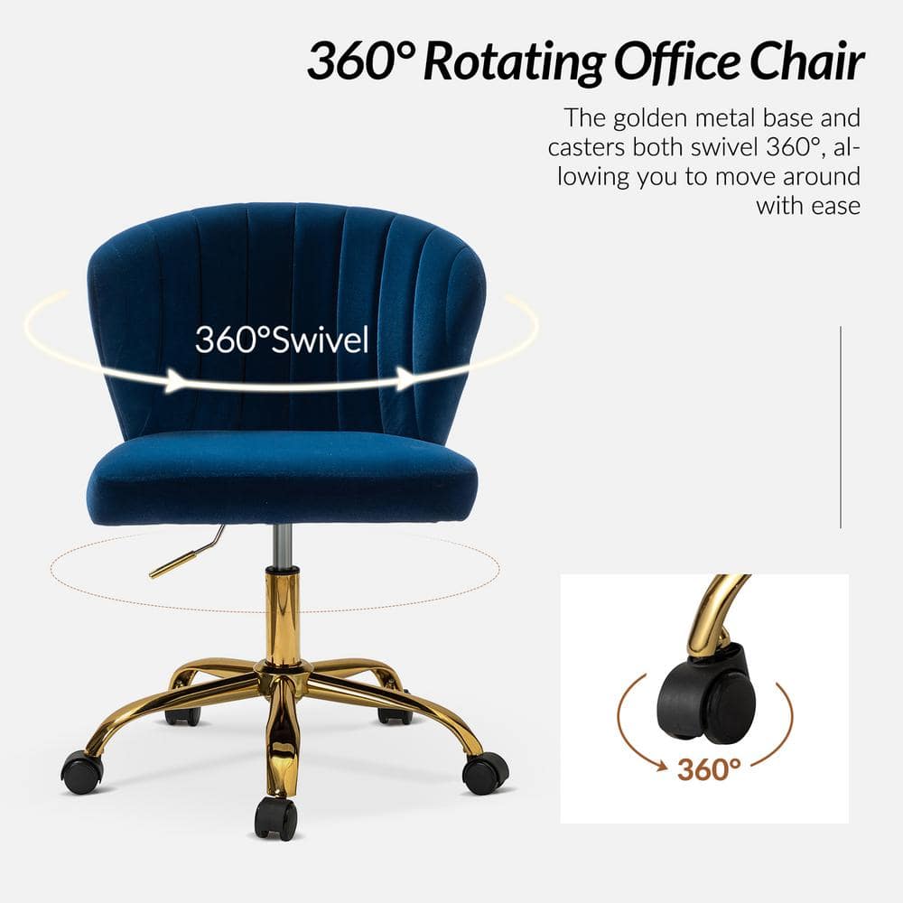 Ergonomic Navy Velvet Armless Task Chair with Gold Metal Base