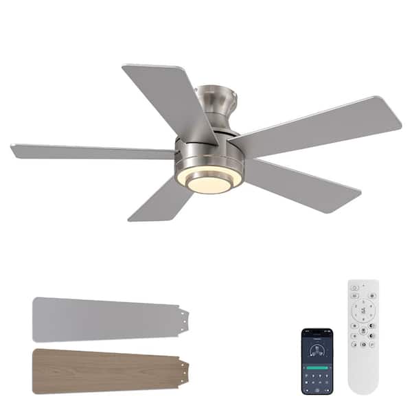 42 in. Smart Indoor Modern Nickel Reversible 5 Blades Low Profile Ceiling Fans with Dimmable Led and Remote Included