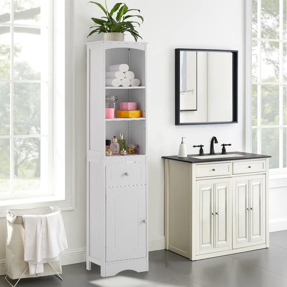 White Tall Freestanding Bathroom Cabinet with Adjustable Shelves