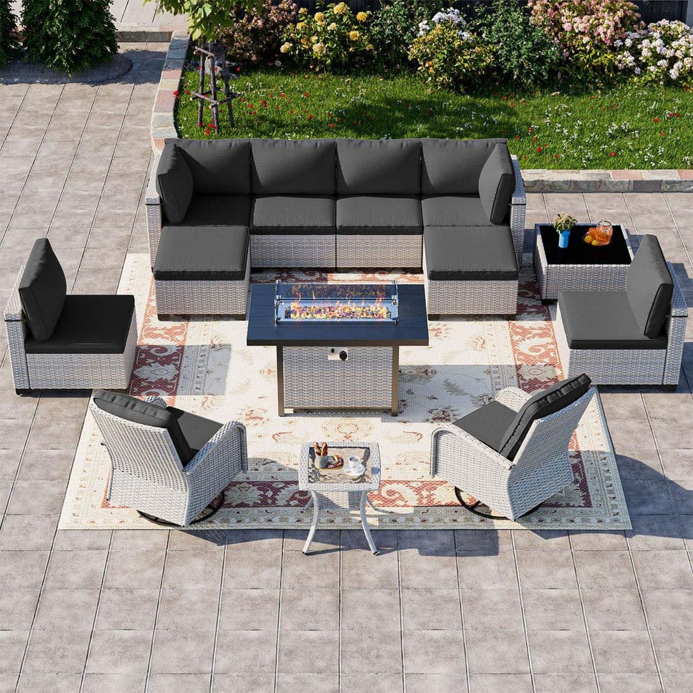13-Piece Wicker Patio Conversation Set with Fire Pit Table and Top Table. Swivel Rocking Chairs with Dark Gray Cushions price history on PriceWatchPro
