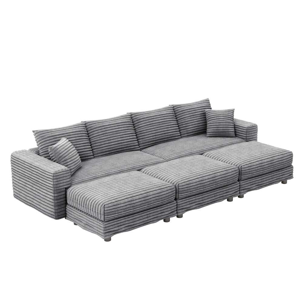 102.4 in. Plush Corduroy 4-Seat Sofa with Pillows and 3 Ottomans Convertible Lounge Chair in Grey price history on PriceWatchPro