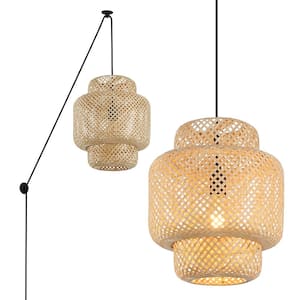 Industrial 60 -Watt 1-Light Kitchen Island Bamboo Shade Plug in Pendant Light with 2 Bases and Switch, No Bulbs Included
