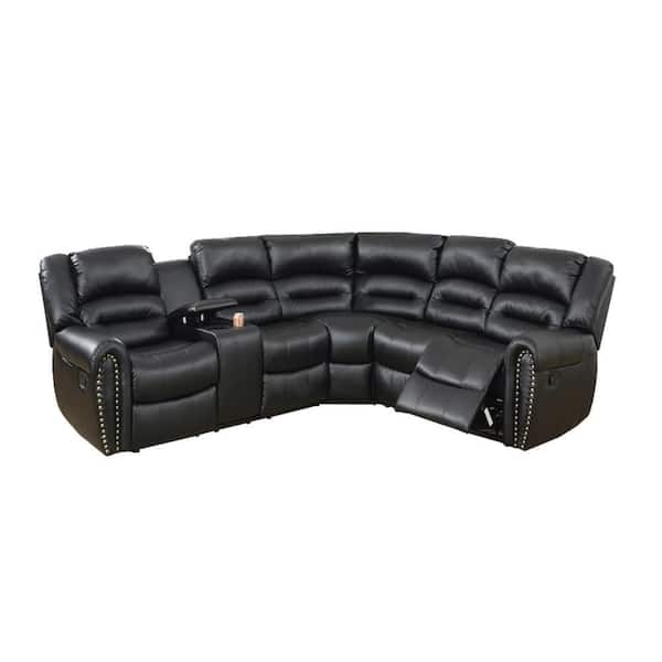 39.0 W in. Pillow Top Arm 3-piece Bonded Leather L-Shaped Reclining Sectional Sofa with Console in. Black