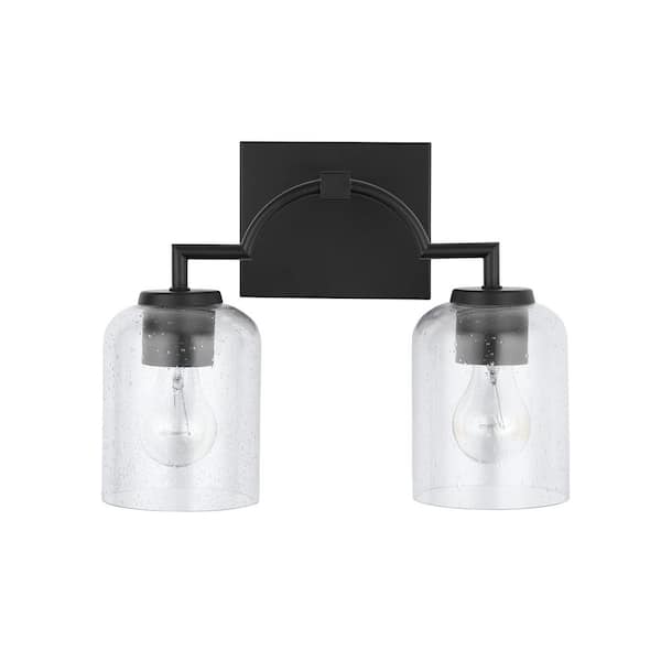 HOMEPLACE LIGHTING 14 in. W x 11 in. H x 6.5 in. E 2-Light Clear Seeded Glass Vanity Light in Matte Black