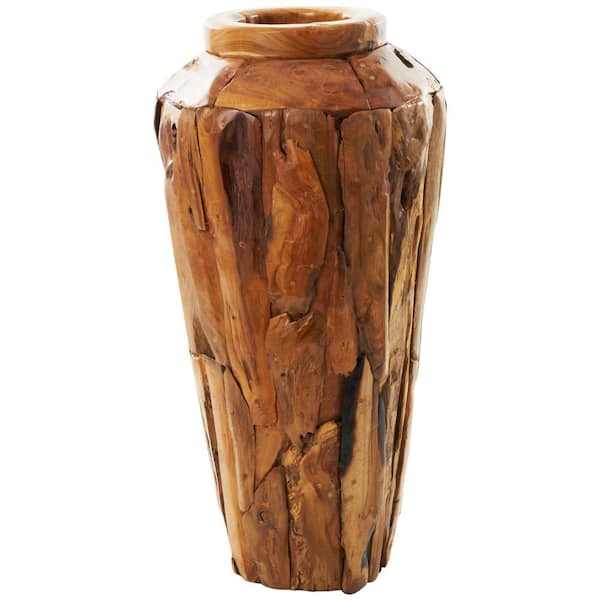 Brown Handmade Tall Floor Teak Wood Decorative Vase with Mosaic Live Edge Pieces