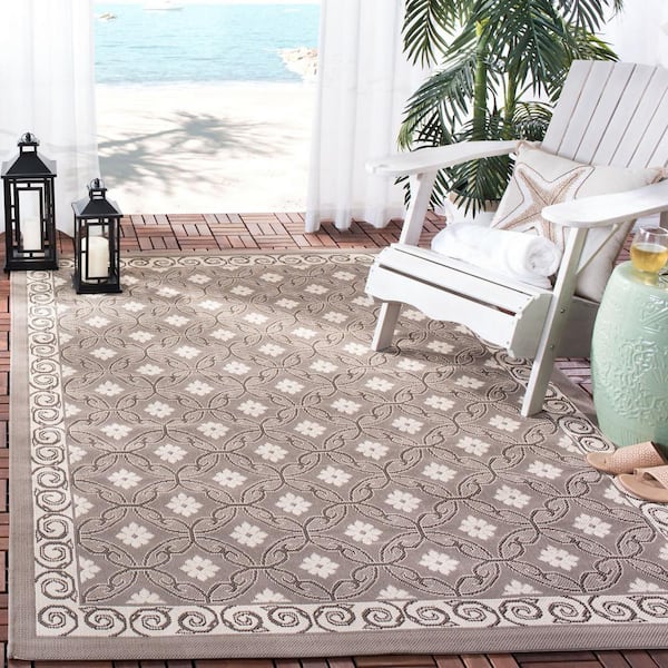 Courtyard Dark Brown/Beige 7 ft. x 10 ft. Border Indoor/Outdoor Patio  Area Rug