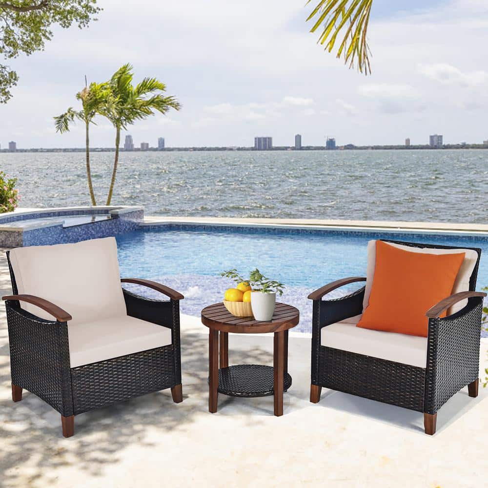 Beige Acacia Wood and Rattan Outdoor Bistro Set