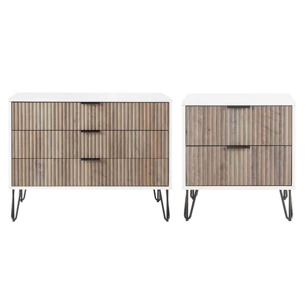 Manhattan Comfort Dumbo White and Grey 2-Piece Modern 2-Drawer 20.07 in. Nightstand and 3-Drawer 35.19 in. Standard Dresser Set