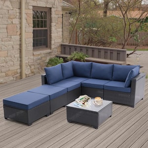 7-Piece Dark Gray PE Rattan Wicker Outdoor Sectional Sofa Set with Blue Cushions,Corner Chairs,Ottomans,Glass Top Table