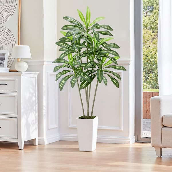 6 ft. Artificial Dracaena Tree, Fake Tropical Plant with White Planter, Faux Silk for Home Office Decor, Indoor/Outdoor