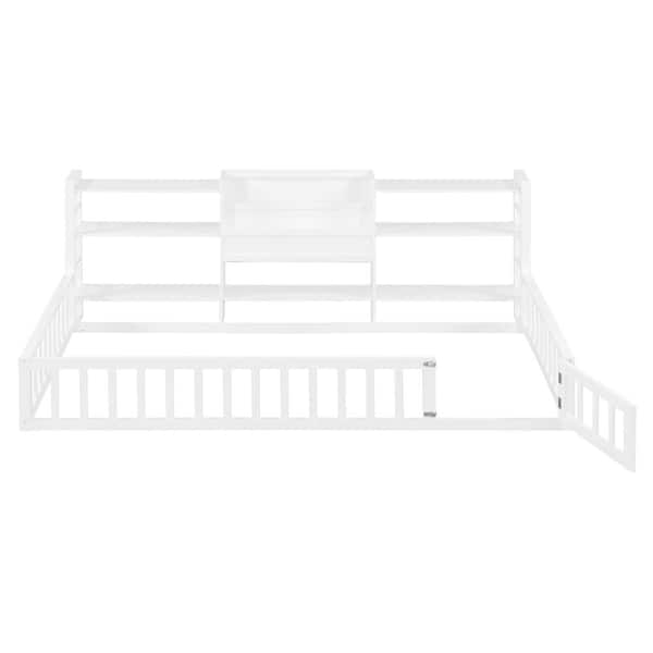 White Solid Wood Twin Floor Fence Platform Bed with Bookcase and 3-Tier Storage Shelves durable construction