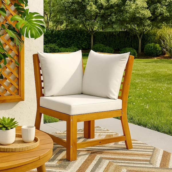 Brown Wood Outdoor Sectional Set with White Cushion