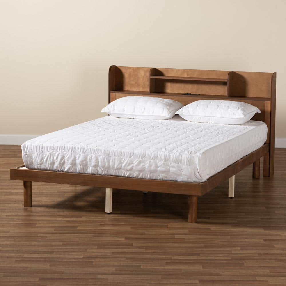 Walnut Brown Wood Full Platform Bed with Shelves and USB Ports