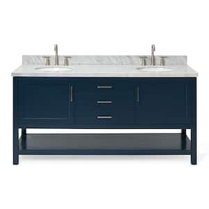 Bayhill 73 in. W x 22 in. D x 36 in. H Bath Vanity in Midnight Blue with Carrara White Marble Top