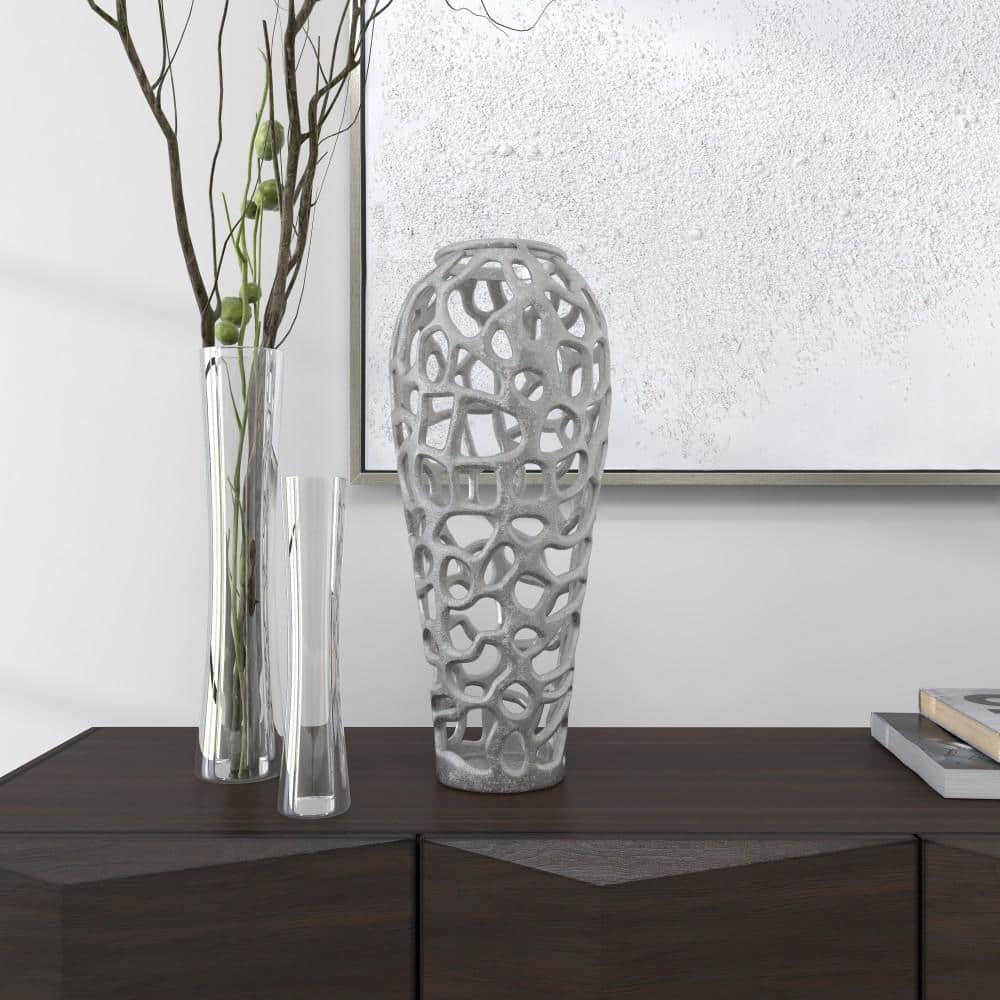 Elegant 19'' Silver Aluminum Bouquet Vase with Hole Design