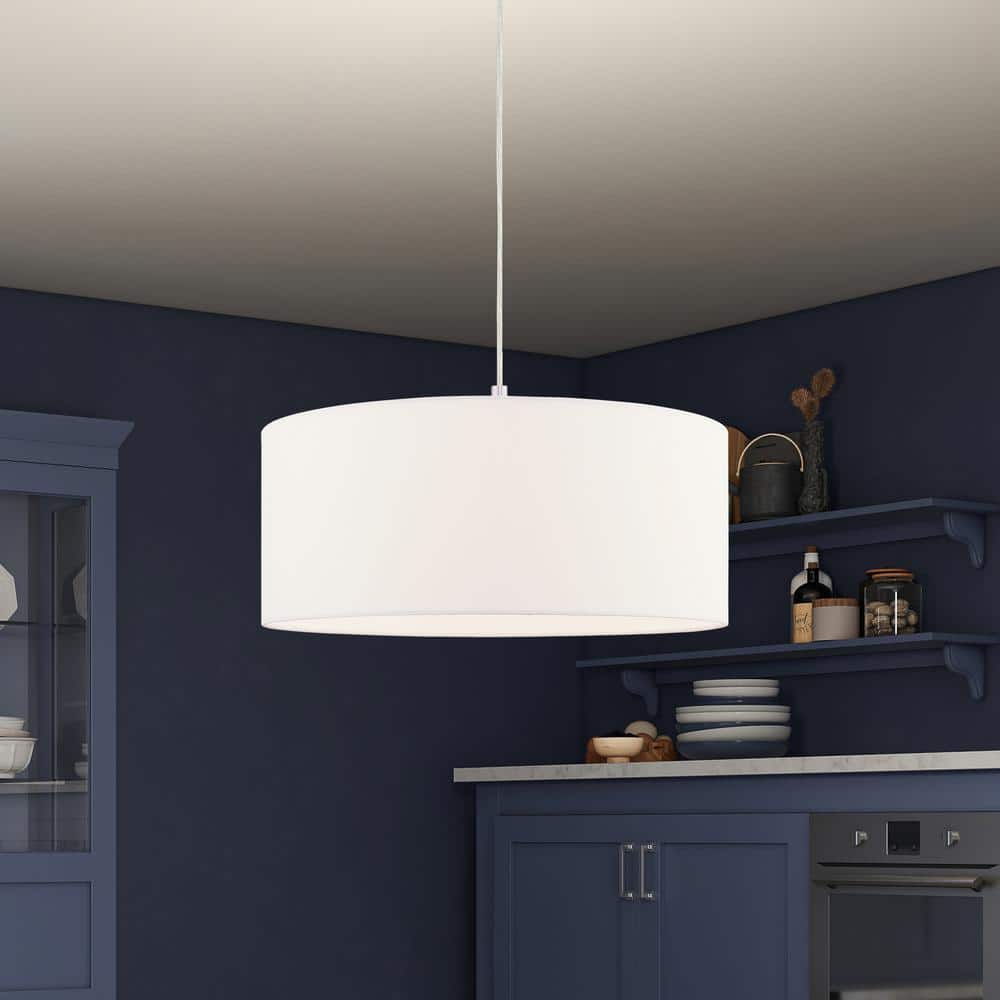 Brushed Nickel Drum Pendant with Off-White Fabric Shade