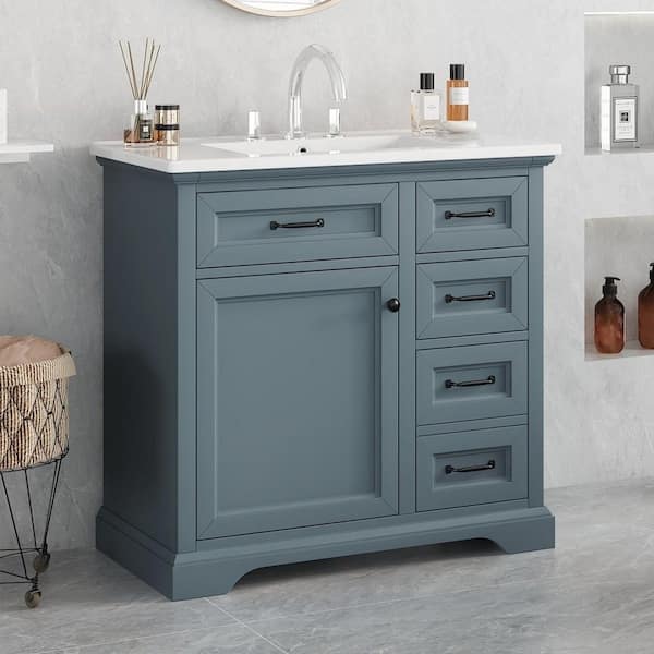 36 in. Single Sink Freestanding Blue Gray Bath Vanity with White Ceramic Top and 4 Drawer Storage Cabinet Unassembled