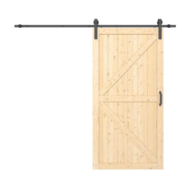 ARK DESIGN 48 in. x 84 in. Paneled K Shape Solid Pine Wood Unfished Barn Door Slab with Installation Hardware Kit and Soft Close