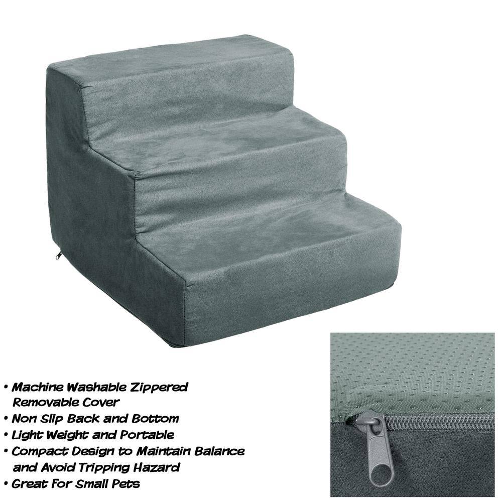 Gray 3-Step Foam Pet Stairs with Microfiber Cover