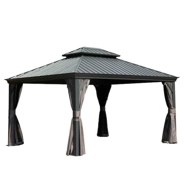10 ft. x 12 ft. Grey Hardtop Metal Gazebo with Galvanized Steel Double Roof Canopy Curtains and Netting for Deck, Garden
