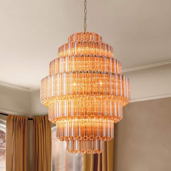Arba 20-Light Mid-Century Modern Gold and Orange Glass 4-Tier Chandelier for Living Room