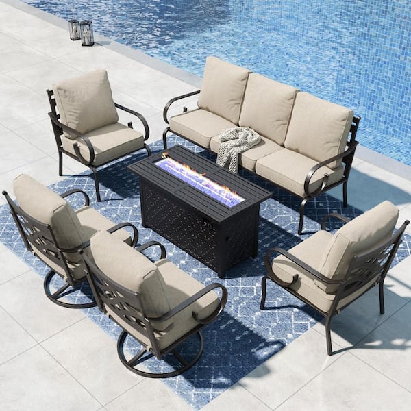 PHI VILLA Black Metal 7 Seat 6-Piece Steel Outdoor Patio