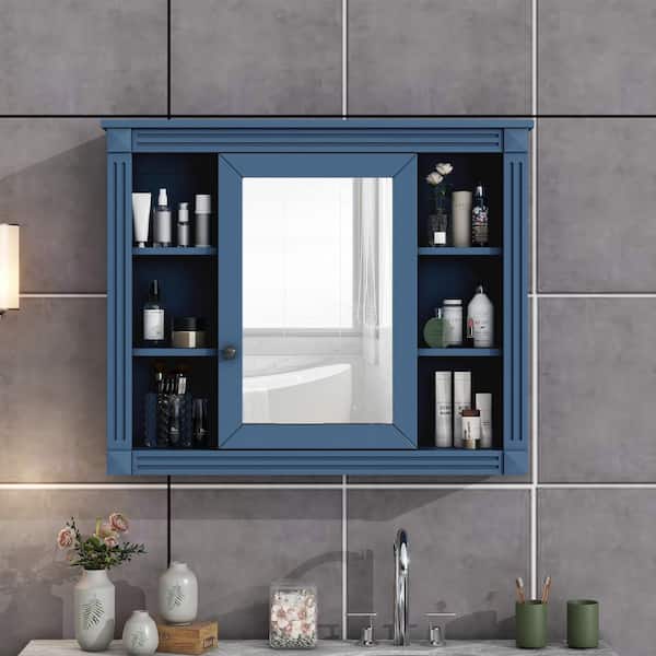 Unbranded 35 in. W x 28.7 in. H Rectangular Surface Mount Blue Bathroom Medicine Cabinet with Mirror with Open Shelves