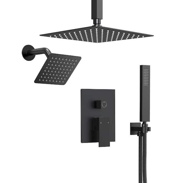 3-Spray Patterns Square Fixed Shower Head 10 and 6 in. with 2.5 GPM Wall Mount Dual Shower Heads in Matte Black